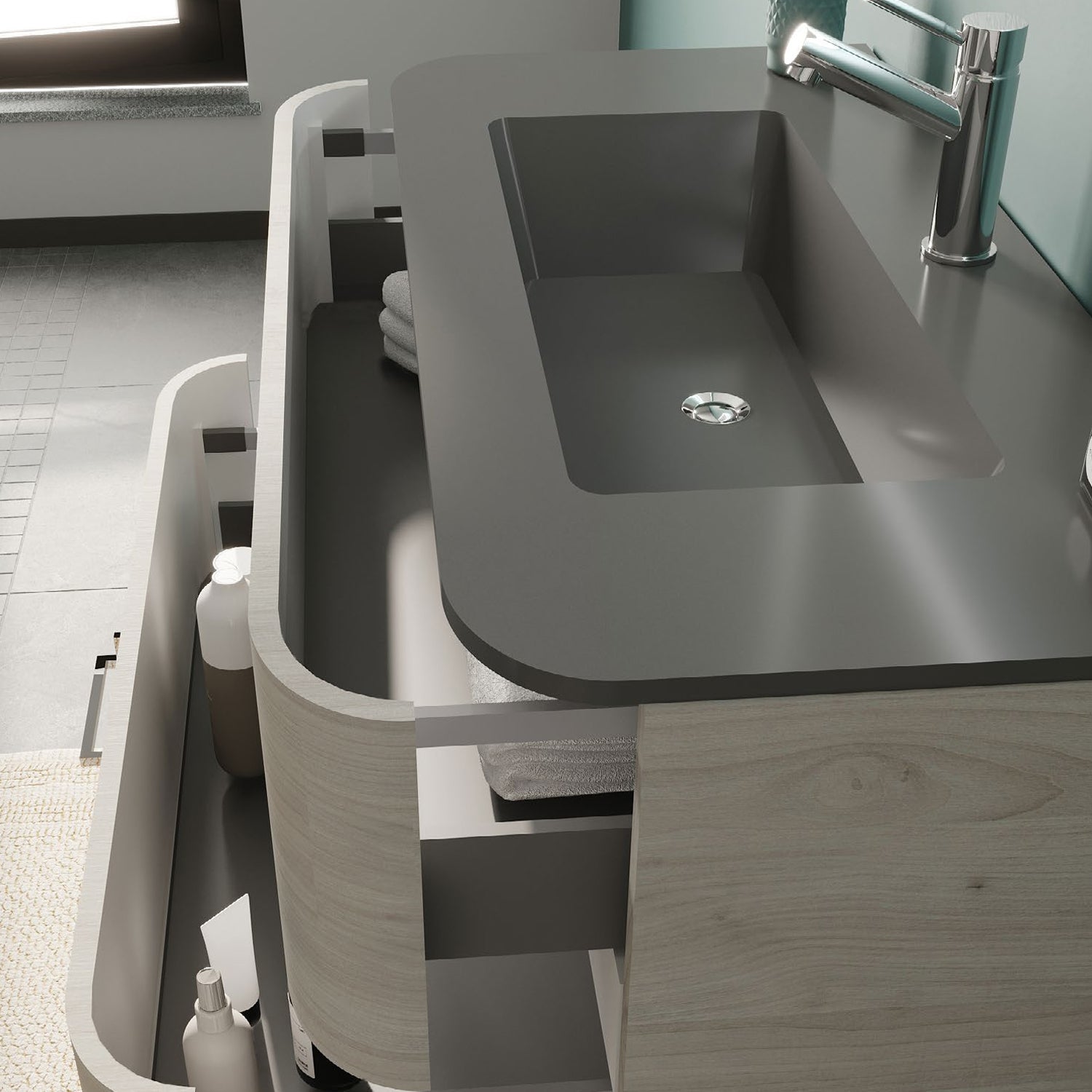 Mobile bagno Legno nordico con lavabo in resina grigio, specchio e lampada cm 100 -modello Mood 3 by CeramicStore | Lo specialista del tuo bagno