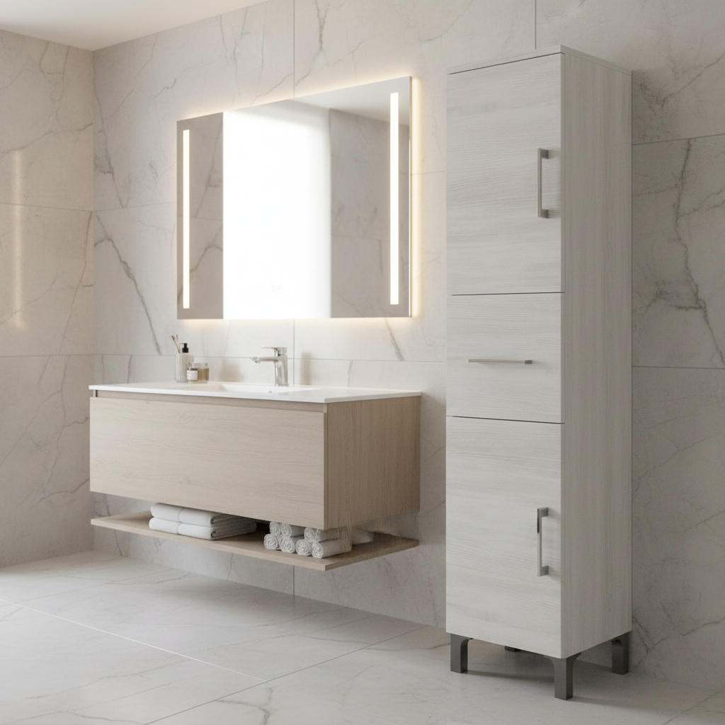 Colonna bagno a due ante con cassetto modello Beach rovere bianco