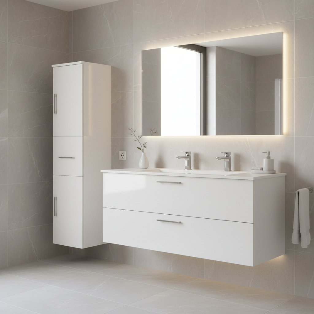 Colonna bagno a due ante con cassetto modello Beach bianco lucido