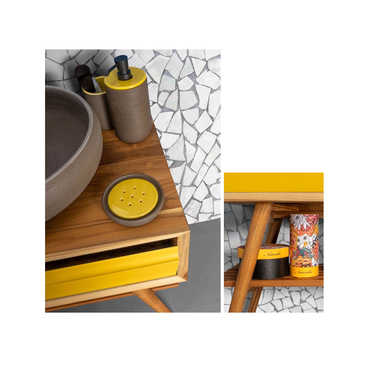 Consolle in Teak di recupero naturale serie Feelcolor Cipi 70cm con cassetto Giallo mostarda by CeramicStore | Lo specialista del tuo bagno