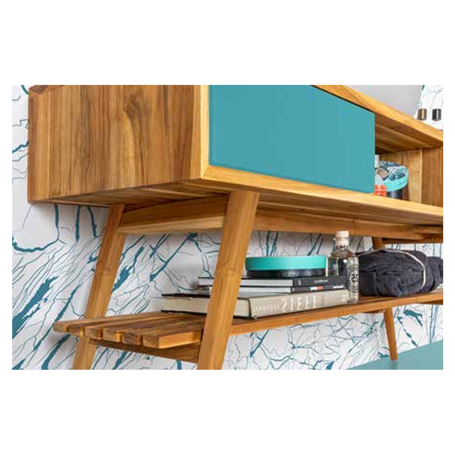 Consolle da bagno in Teak naturale 100cm serie Feelgood Small Cipi con cassetto Blu Sardegna by CeramicStore | Lo specialista del tuo bagno