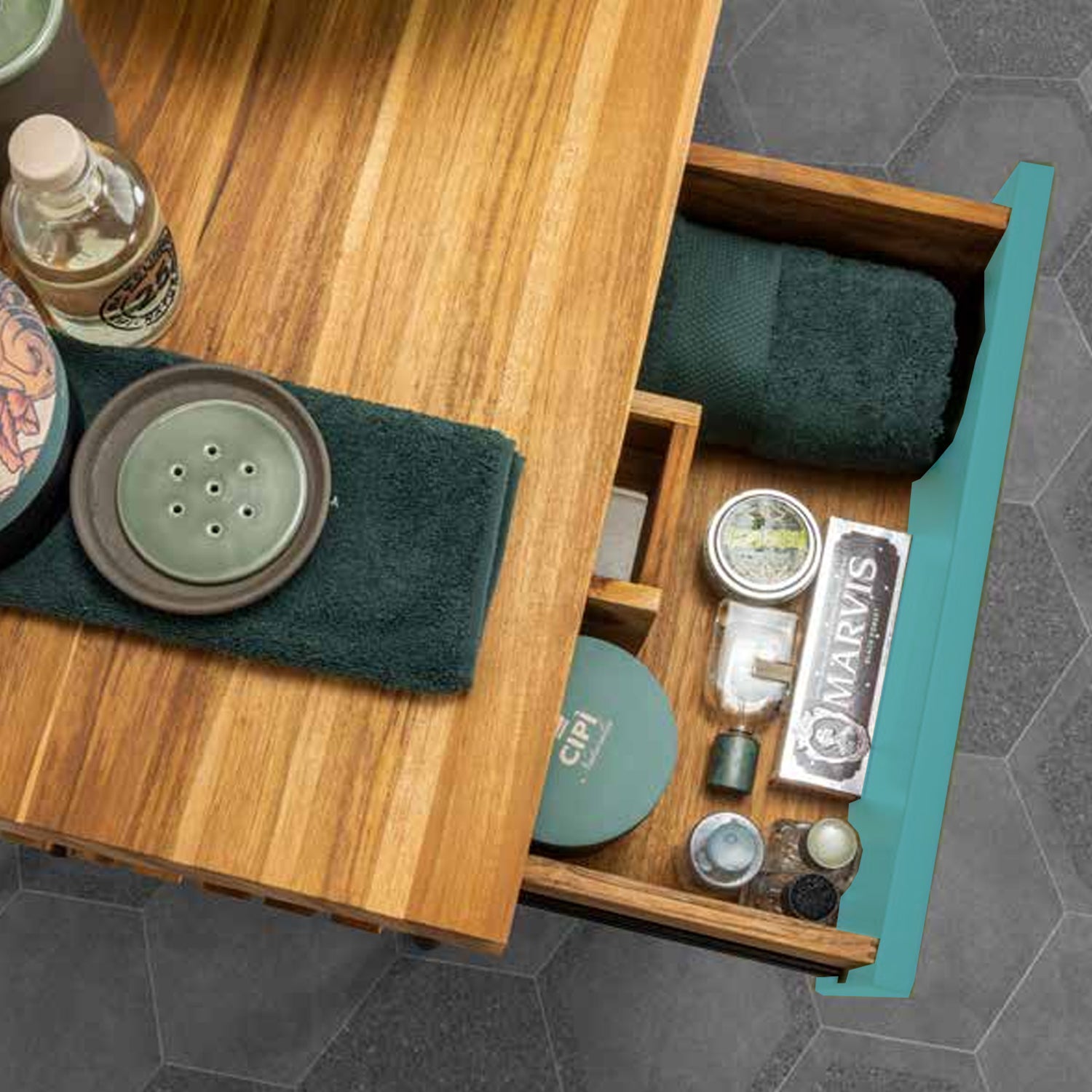 Consolle da bagno in Teak naturale 100cm serie Feelgood Small Cipi con cassetto Blu Sardegna by CeramicStore | Lo specialista del tuo bagno
