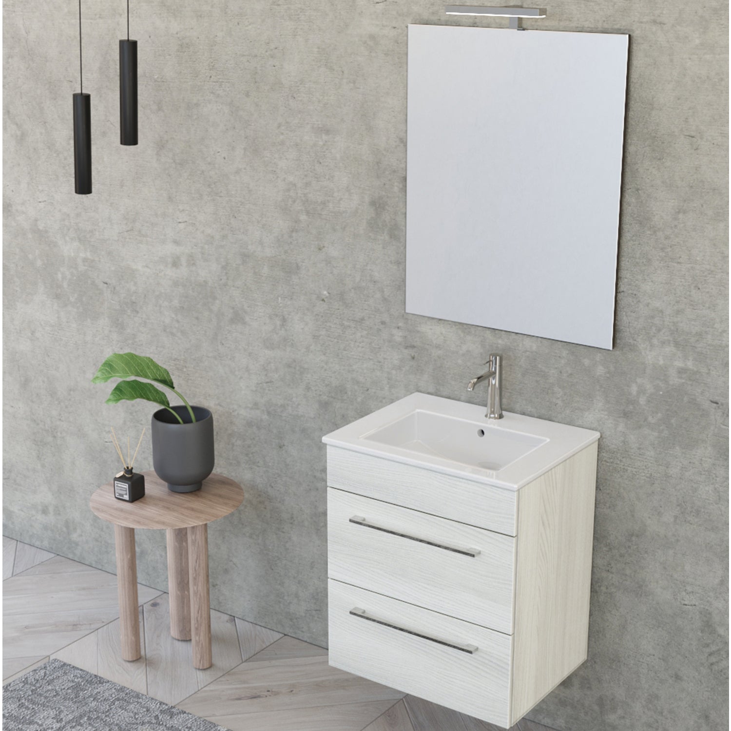 Composizione bagno sospesa Smack a 2 cassetti 55x62 con lavabo, specchio con lampada LED olmo bianco by CeramicStore | Lo specialista del tuo bagno