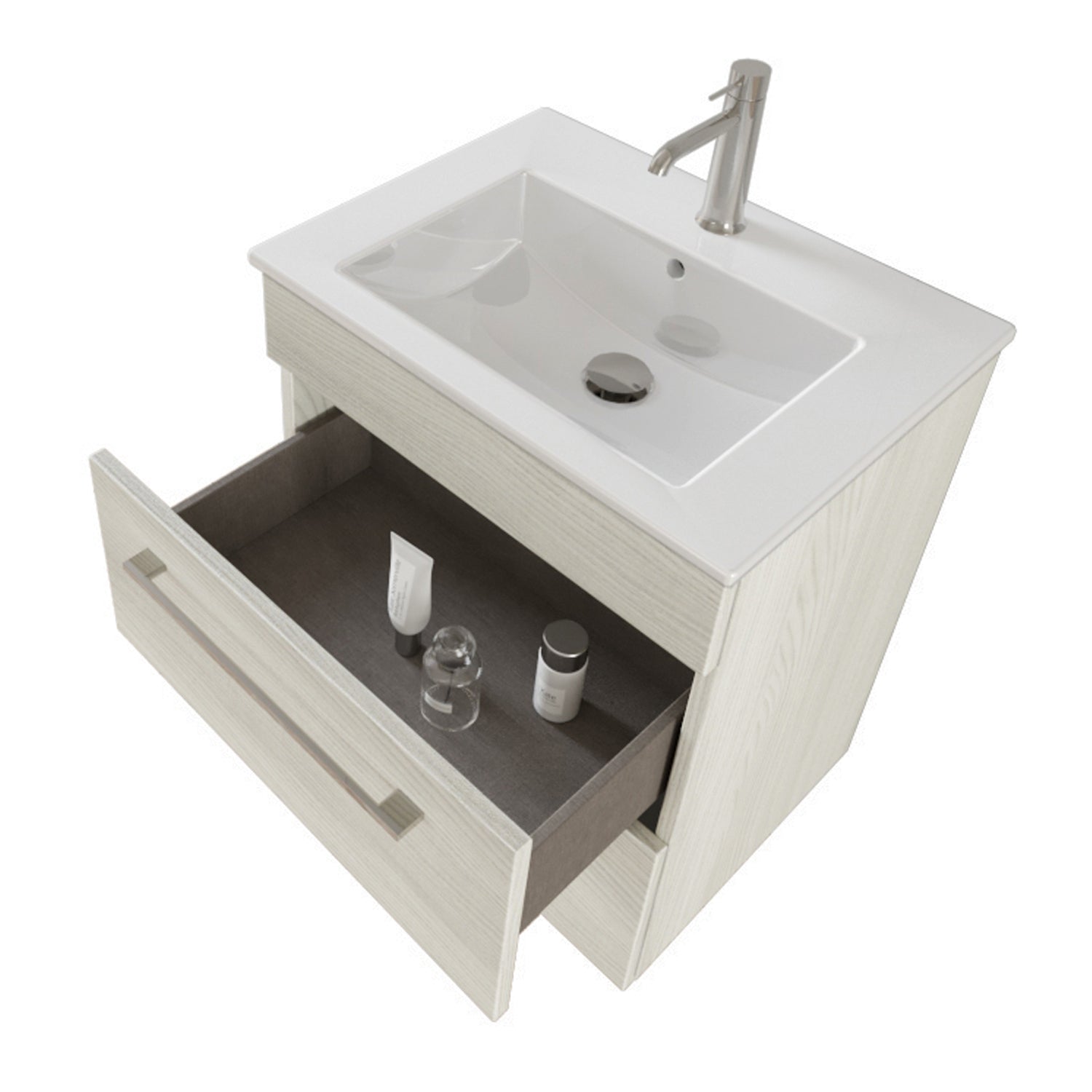 Composizione bagno sospesa Smack a 2 cassetti 55x62 con lavabo, specchio con lampada LED olmo bianco by CeramicStore | Lo specialista del tuo bagno