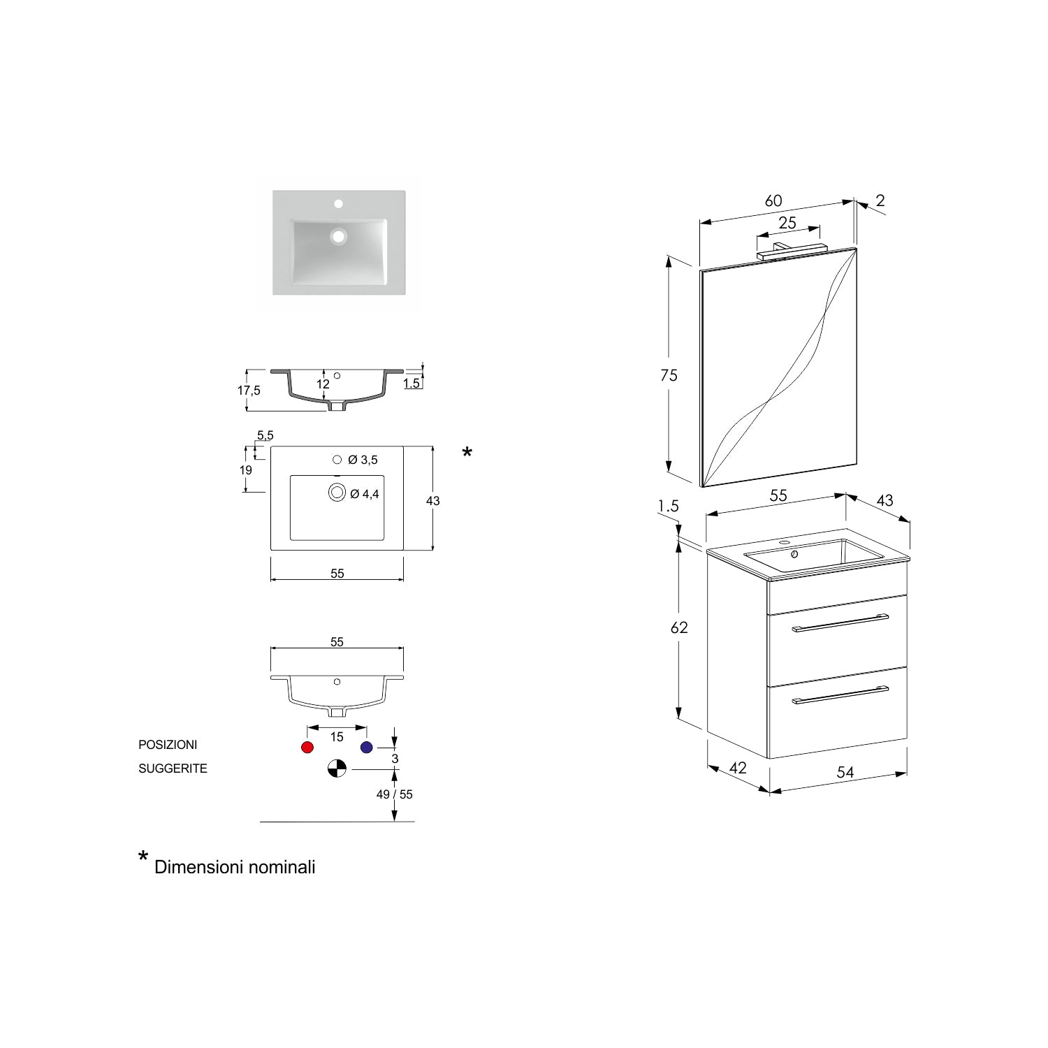 Composizione bagno sospesa Smack a 2 cassetti 55x62 con lavabo, specchio con lampada LED olmo bianco by CeramicStore | Lo specialista del tuo bagno