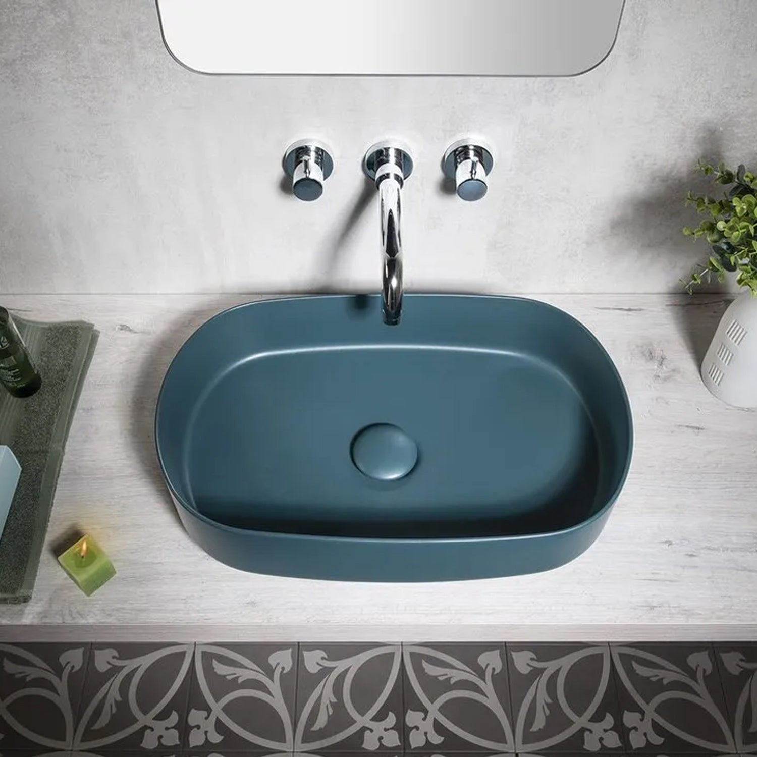 Lavabo d'appoggio ovale senza foro BathCore serie Infinity 55x36 color Verde Petrolio Opaco