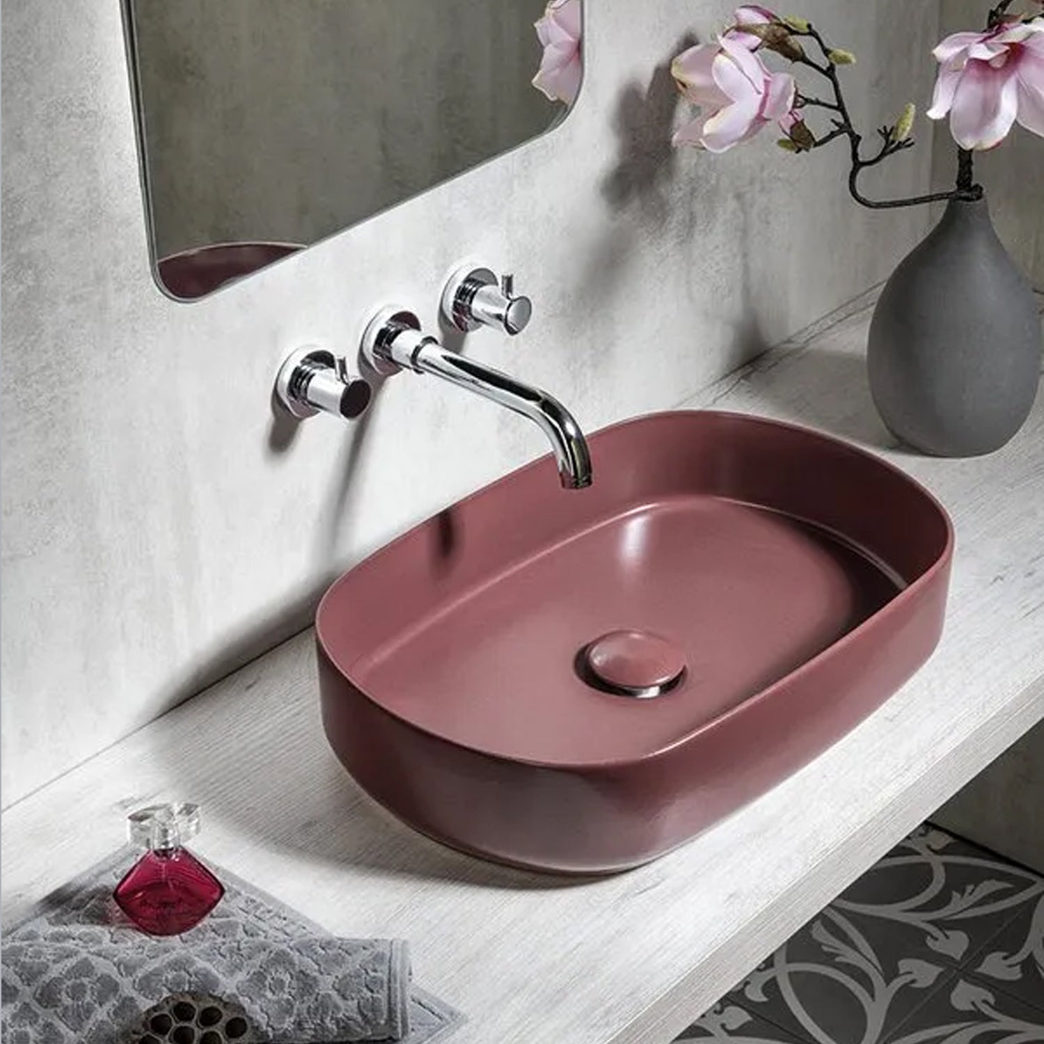 Lavabo d'appoggio ovale senza foro BathCore serie Infinity 55x36 color Bordeaux Opaco