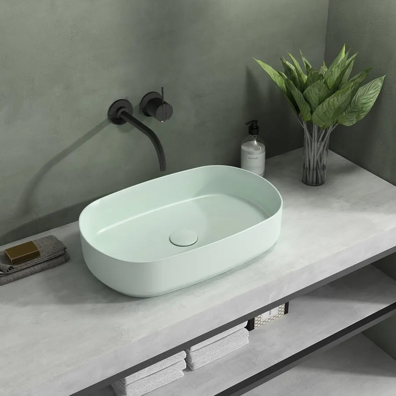 Lavabo d'appoggio ovale senza foro BathCore serie Infinity 55x36 color Menta Opaco