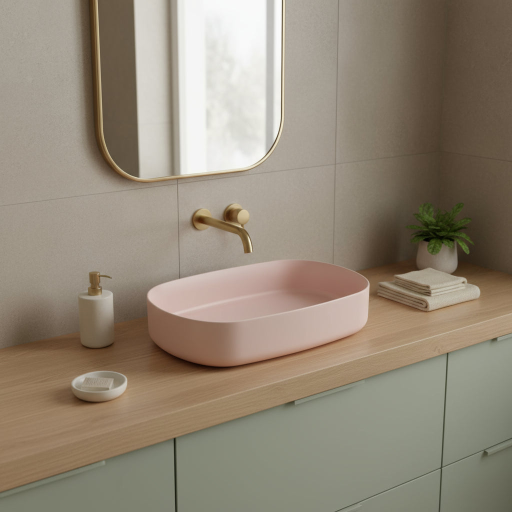 Lavabo d'appoggio ovale senza foro BathCore serie Infinity 55x36 color Salmone Opaco
