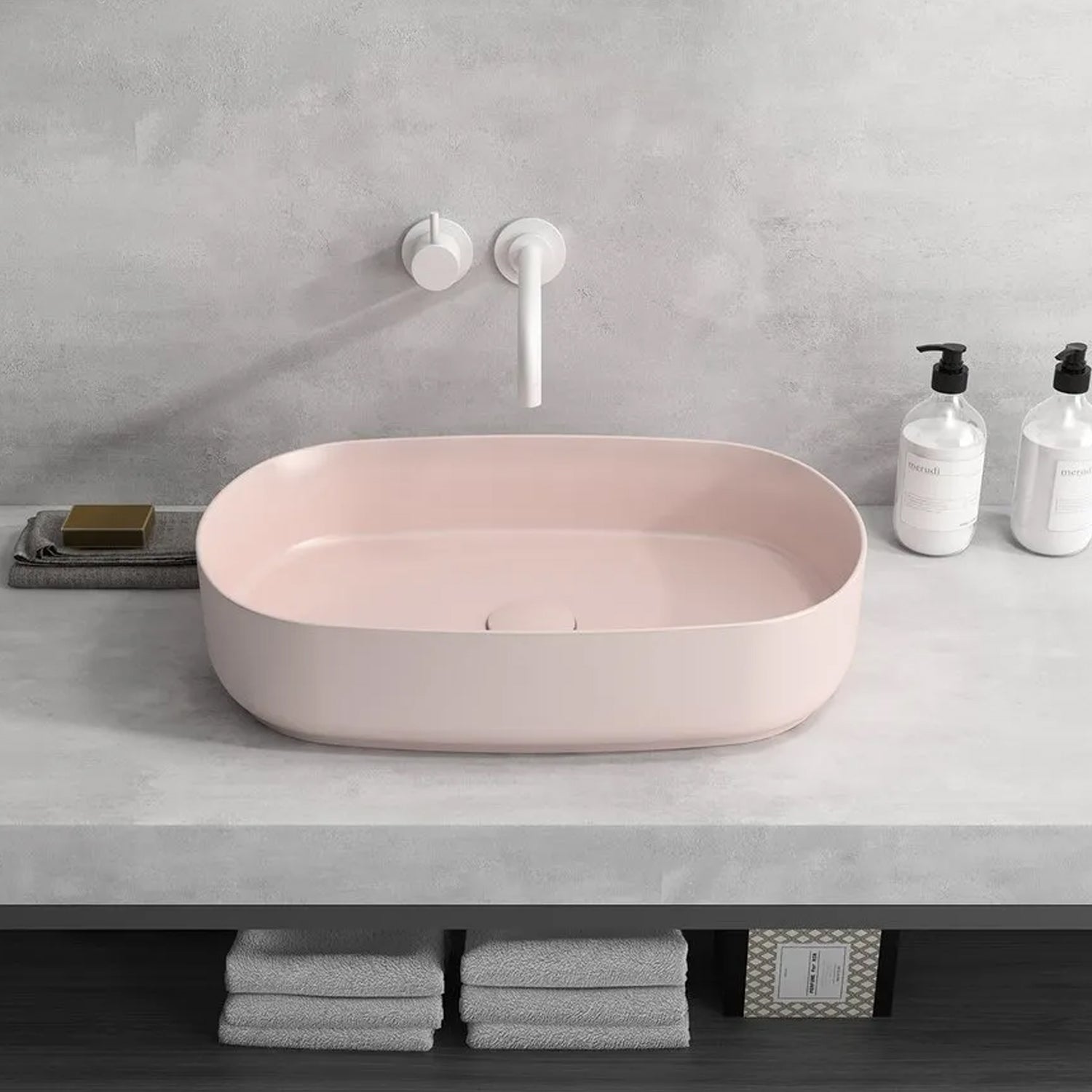 Lavabo d'appoggio ovale senza foro BathCore serie Infinity 55x36 color Salmone Opaco