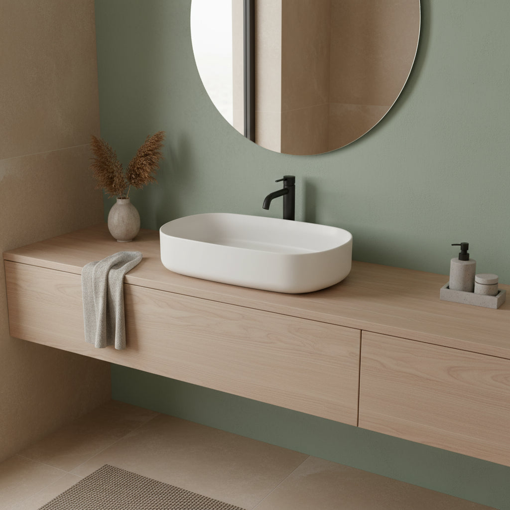Lavabo d'appoggio ovale senza foro BathCore serie Infinity 55x36 color Avorio Opaco