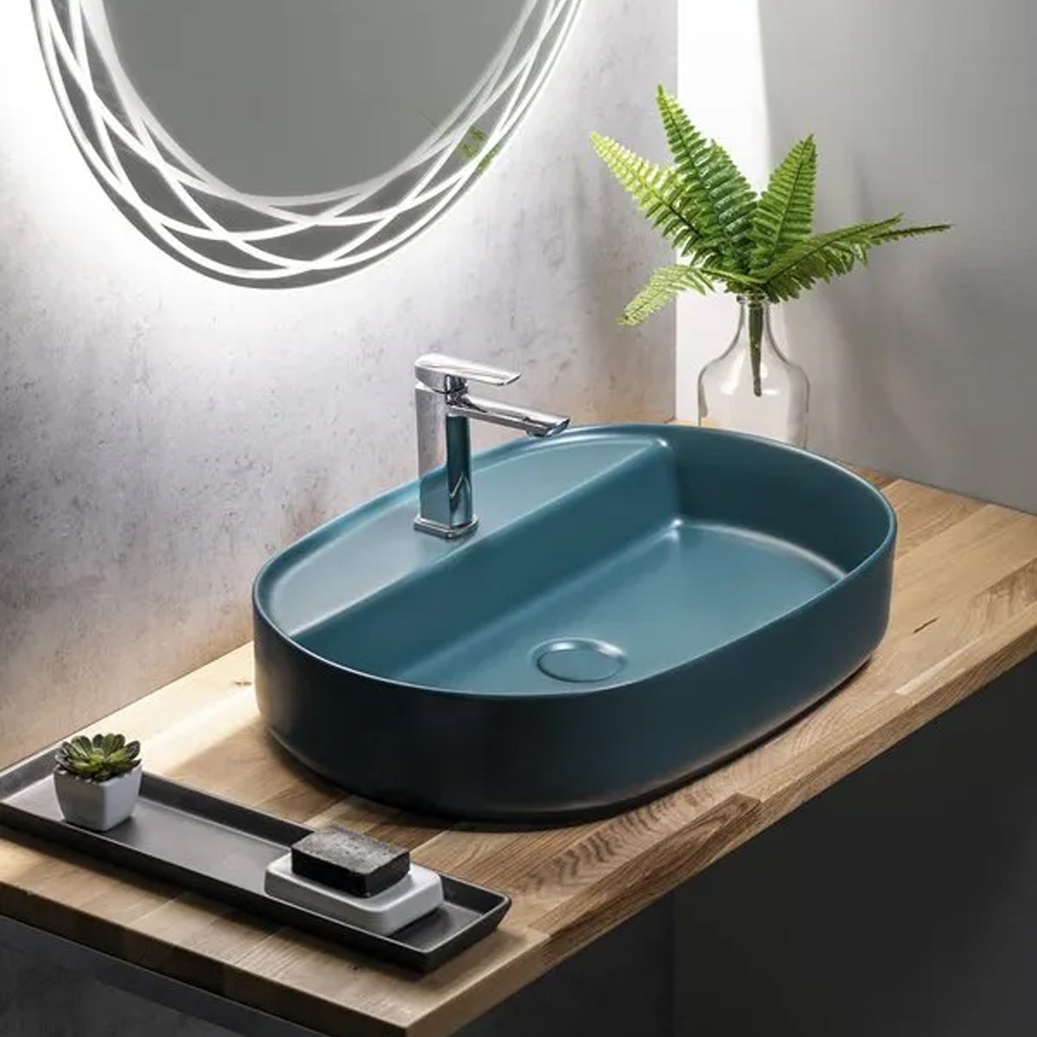 Lavabo d'appoggio ovale con foro BathCore serie Infinity 60x40 color Verde Petrolio Opaco