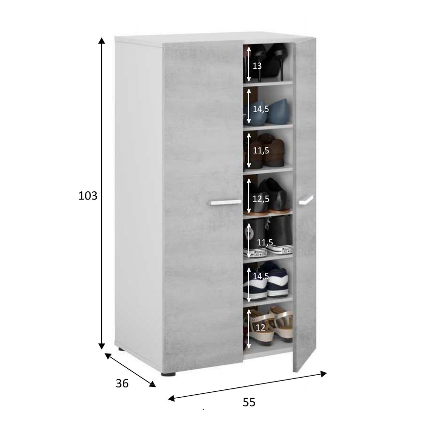 Mobile scarpiera a due ante in nobilitato cm 55x36x103h con 6 ripiani col. Cemento by CeramicStore | Lo specialista del tuo bagno