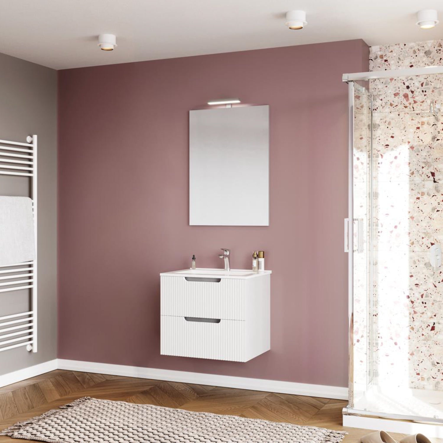 Mobile bagno sospeso Cubi&Co Malta 60 con frontale cannettato, lampada e specchio - Bianco Lucido by CeramicStore | Lo specialista del tuo bagno