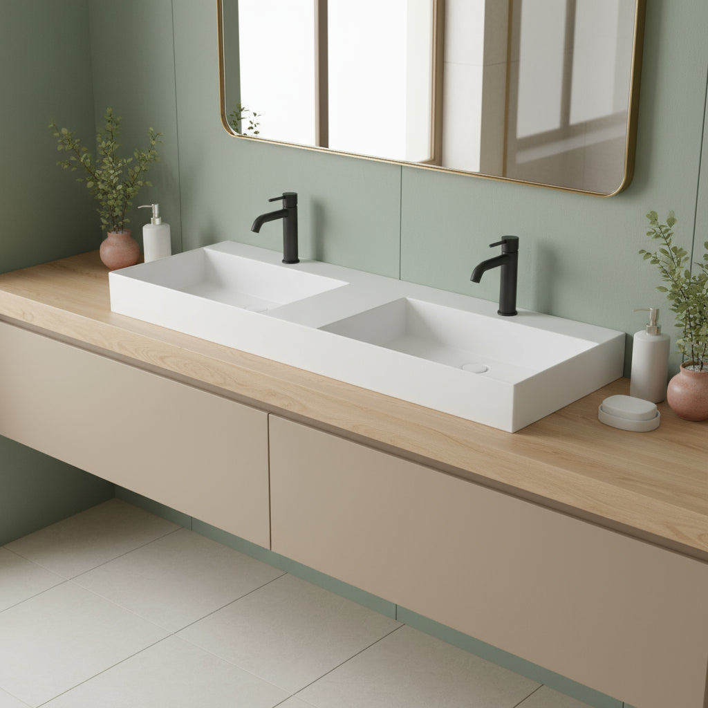 Lavabo da appoggio/sospeso squadrato con doppia vasca Ceramica Azzurra Elegance 142x45 cm