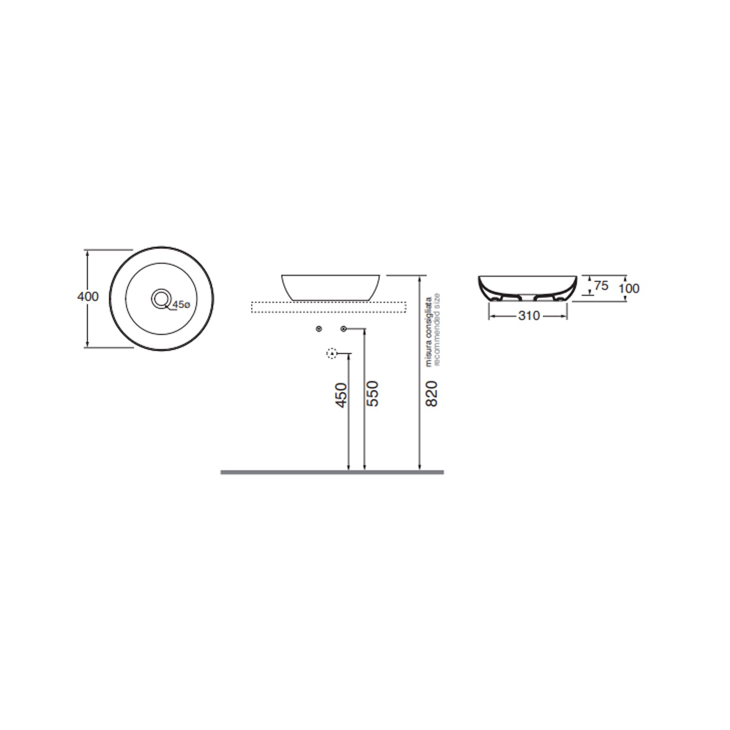 Lavabo da appoggio Ceramica Azzurra Elegance Circle à¸40x10H cm con bordo sottile