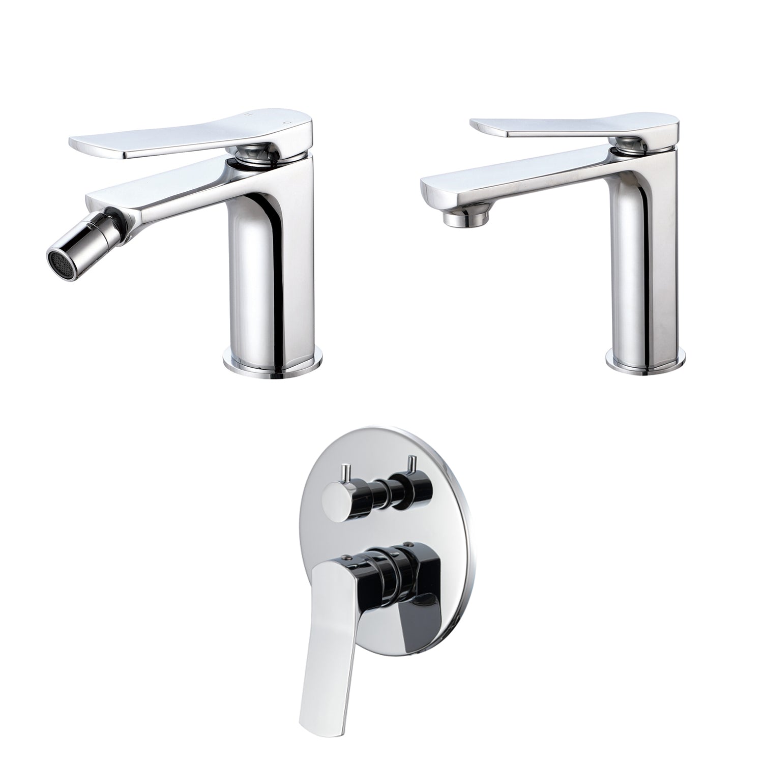 Composizione di miscelatori per lavabo, bidet e doccia tre vie tondo in ottone cromato Lumix by CeramicStore | Lo specialista del tuo bagno
