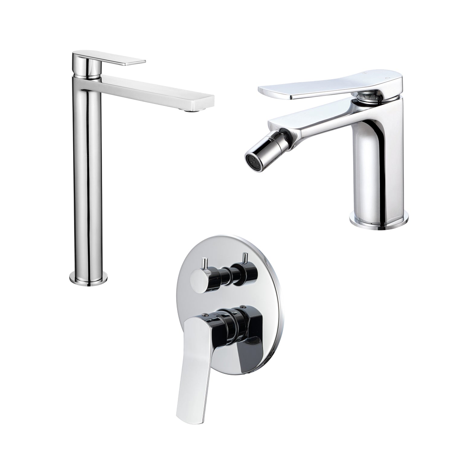 Composizione di miscelatori per lavabo alto, bidet e doccia due vie tondo in ottone cromato Lumix by CeramicStore | Lo specialista del tuo bagno