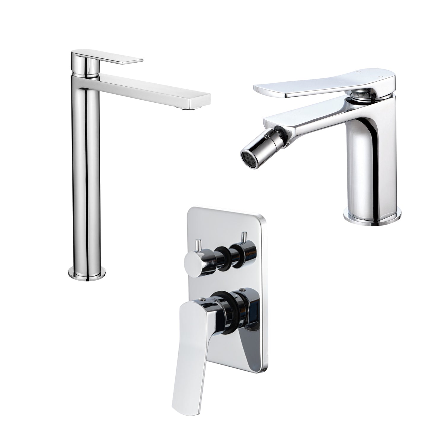 Composizione di miscelatori per lavabo alto, bidet e doccia due vie squadrato in ottone cromato Lumix by CeramicStore | Lo specialista del tuo bagno