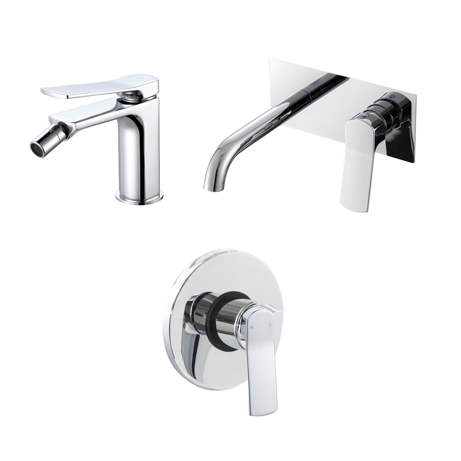 Composizione di miscelatori per lavabo incasso easy box, bidet e doccia a una via Lumix in ottone cromato by CeramicStore | Lo specialista del tuo bagno