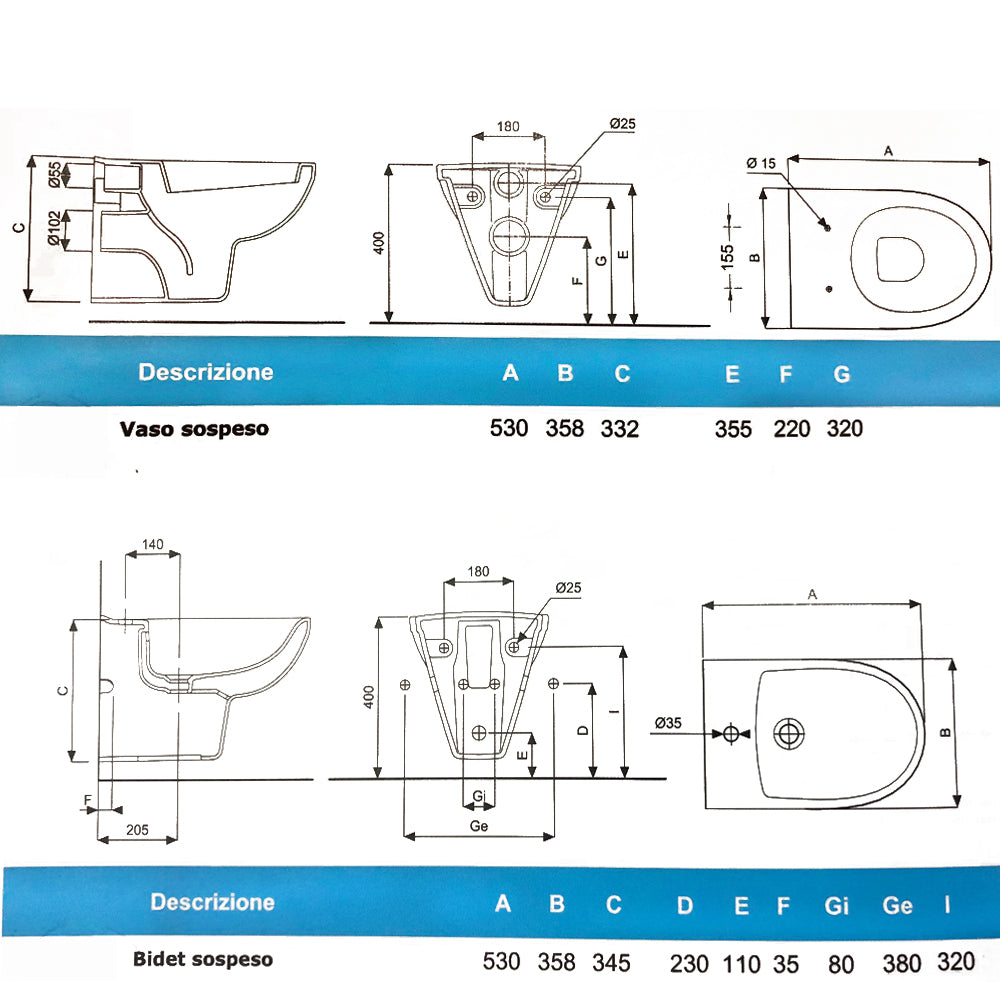 Sanitari sospesi wc+bidet +sedile normal close Geberit 'Selnova Pro' cm 53