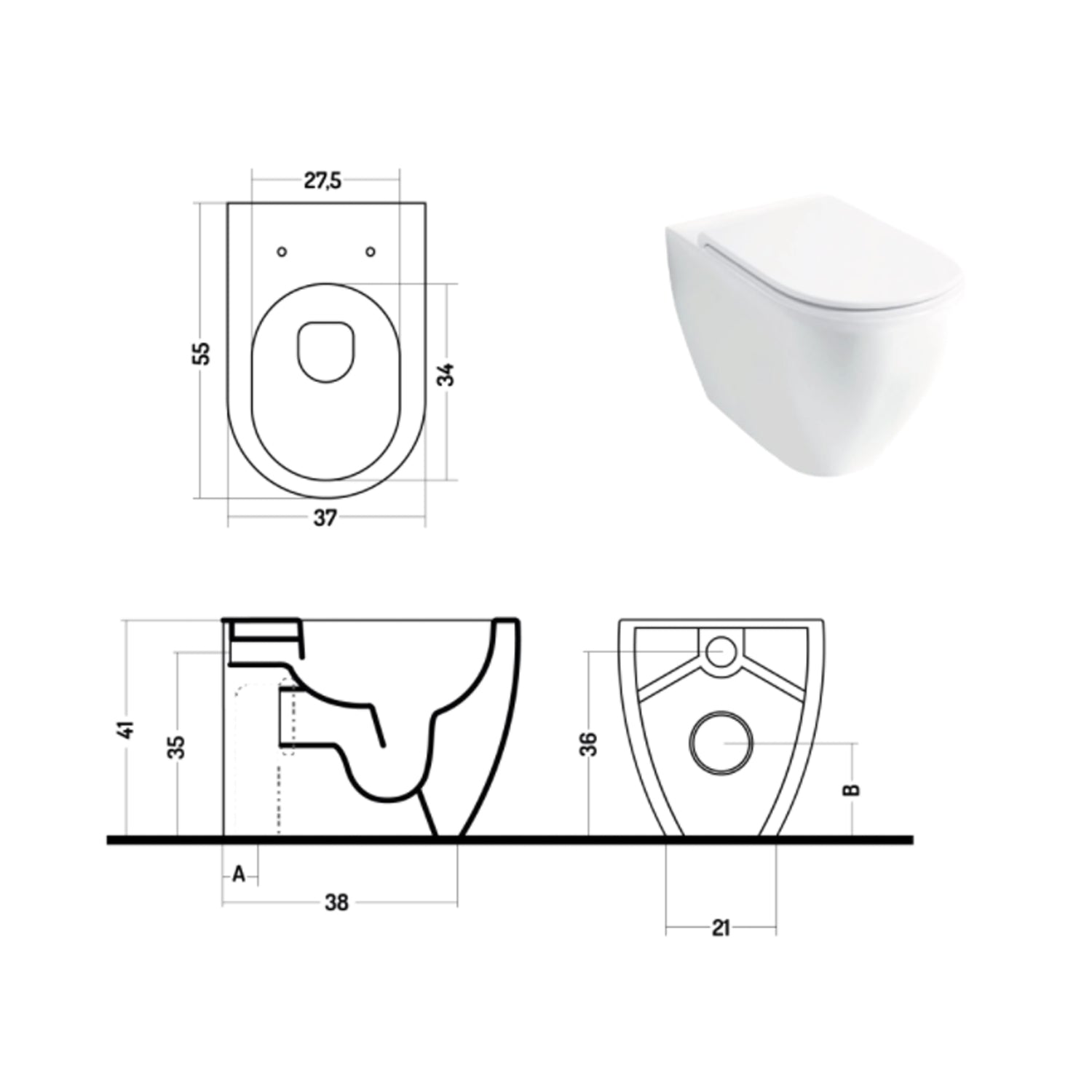 Wc filomuro con scarico traslato serie Skip 55 in ceramica con coprivaso chiusura tradizionale - Disegno Ceramica