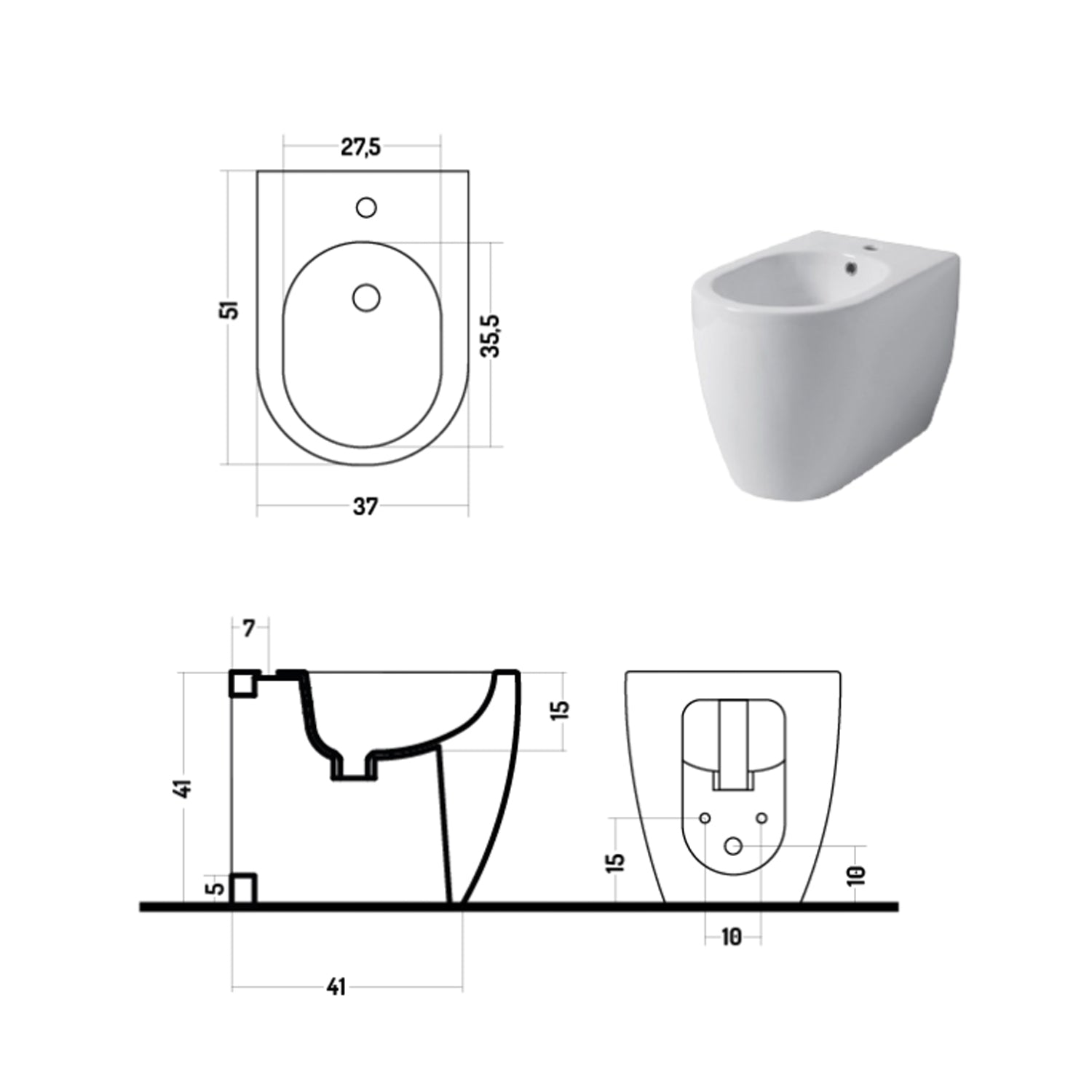 Bidet filomuro serie Skip 50 in ceramica bianca lucida - Disegno Ceramica