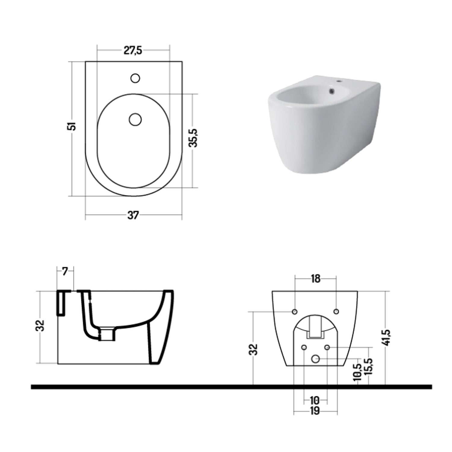 Bidet sospeso serie Skip 50 in ceramica bianca lucida - Disegno Ceramica