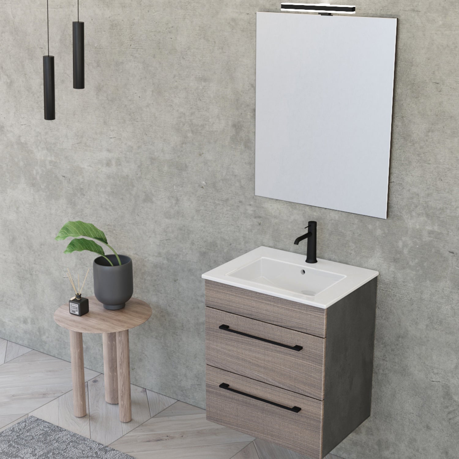 Composizione bagno sospesa Smack a 2 cassetti 55x62 con lavabo, specchio con lampada LED olmo naturale e cemento by CeramicStore | Lo specialista del tuo bagno