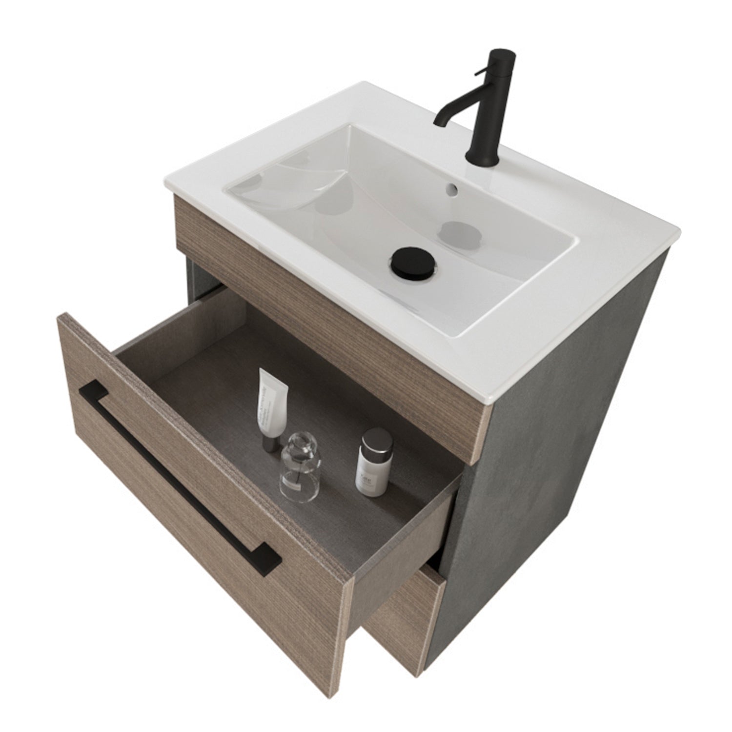 Composizione bagno sospesa Smack a 2 cassetti 55x62 con lavabo, specchio con lampada LED olmo naturale e cemento by CeramicStore | Lo specialista del tuo bagno