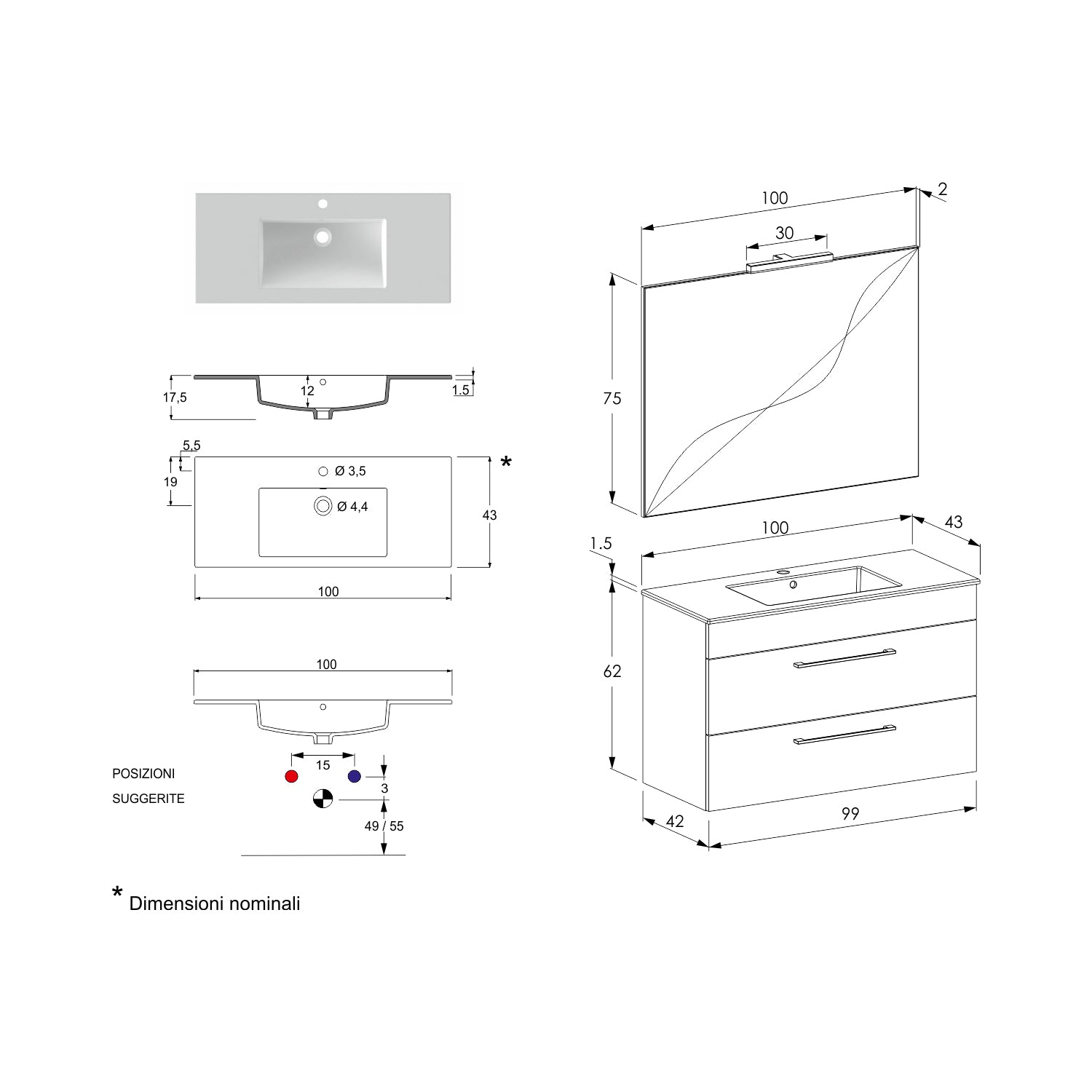 Composizione bagno sospesa Smack a 2 cassetti 100x62 con lavabo, specchio con lampada LED cement wood by CeramicStore | Lo specialista del tuo bagno