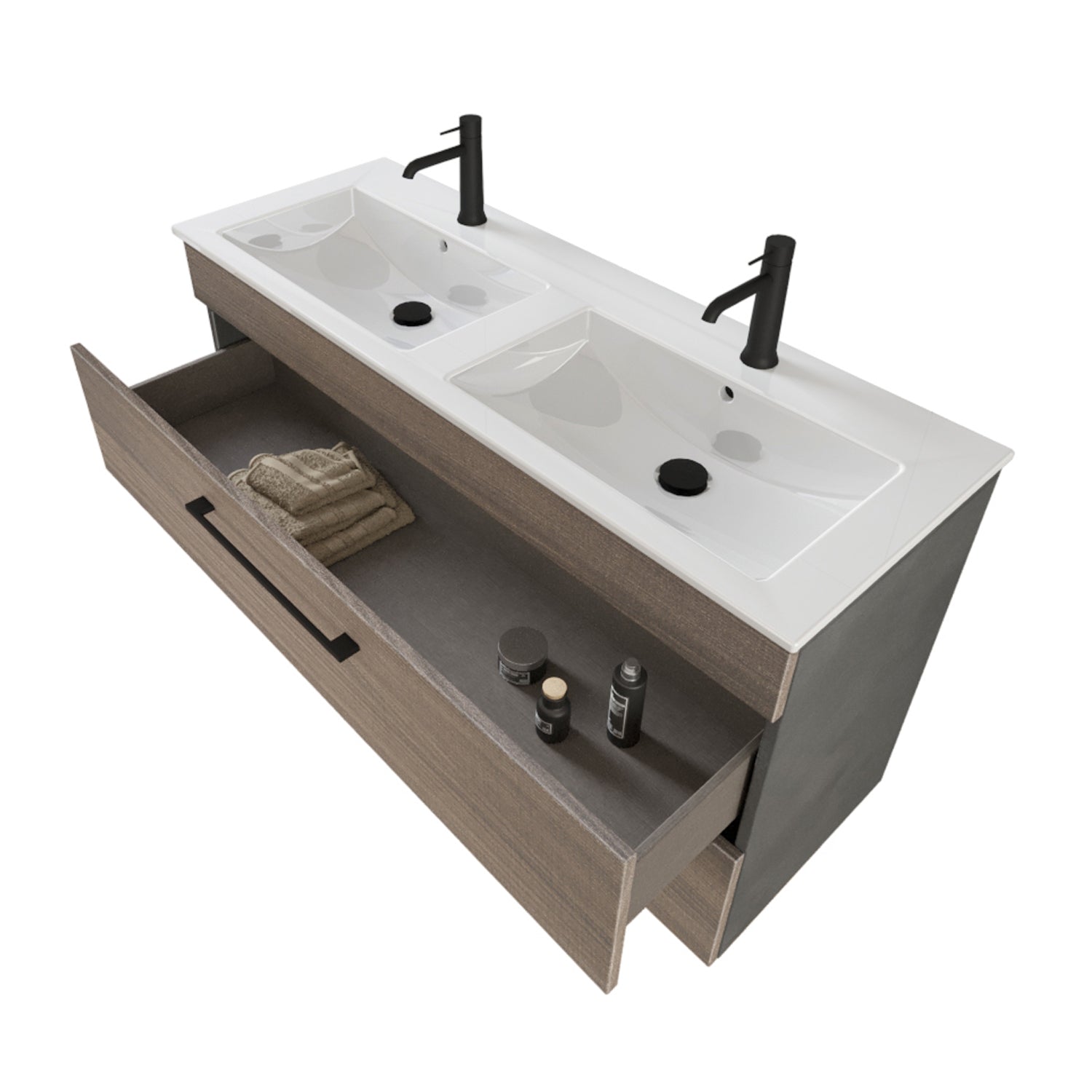 Composizione bagno sospesa Smack a 2 cassetti 118x62 con doppio lavabo, specchio con lampada LED olmo naturale e cemento by CeramicStore | Lo specialista del tuo bagno