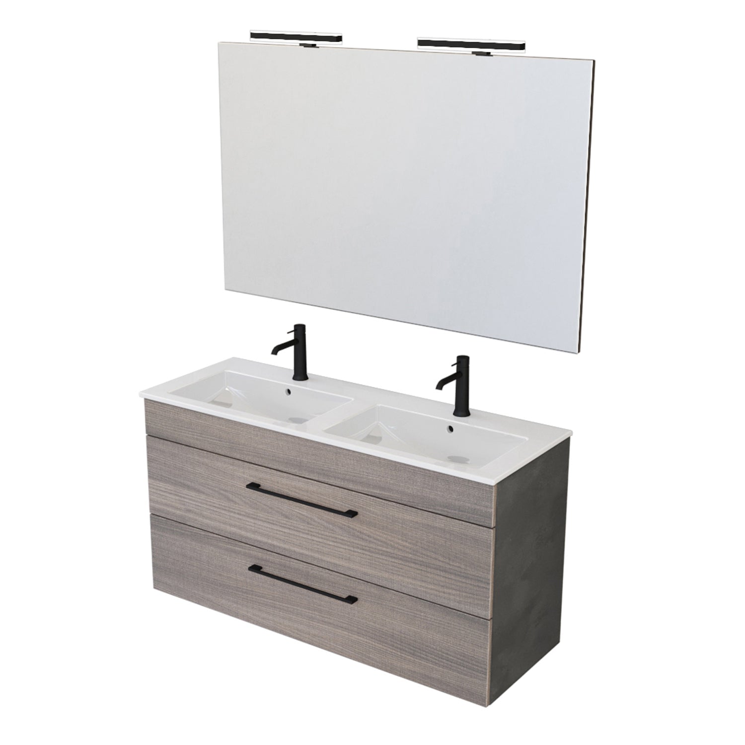 Composizione bagno sospesa Smack a 2 cassetti 118x62 con doppio lavabo, specchio con lampada LED olmo naturale e cemento by CeramicStore | Lo specialista del tuo bagno