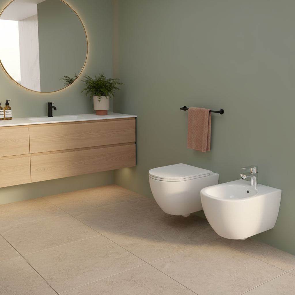 Sanitari sospesi Rimless con copriwater Soft Close BathCore serie Infinity 53x36