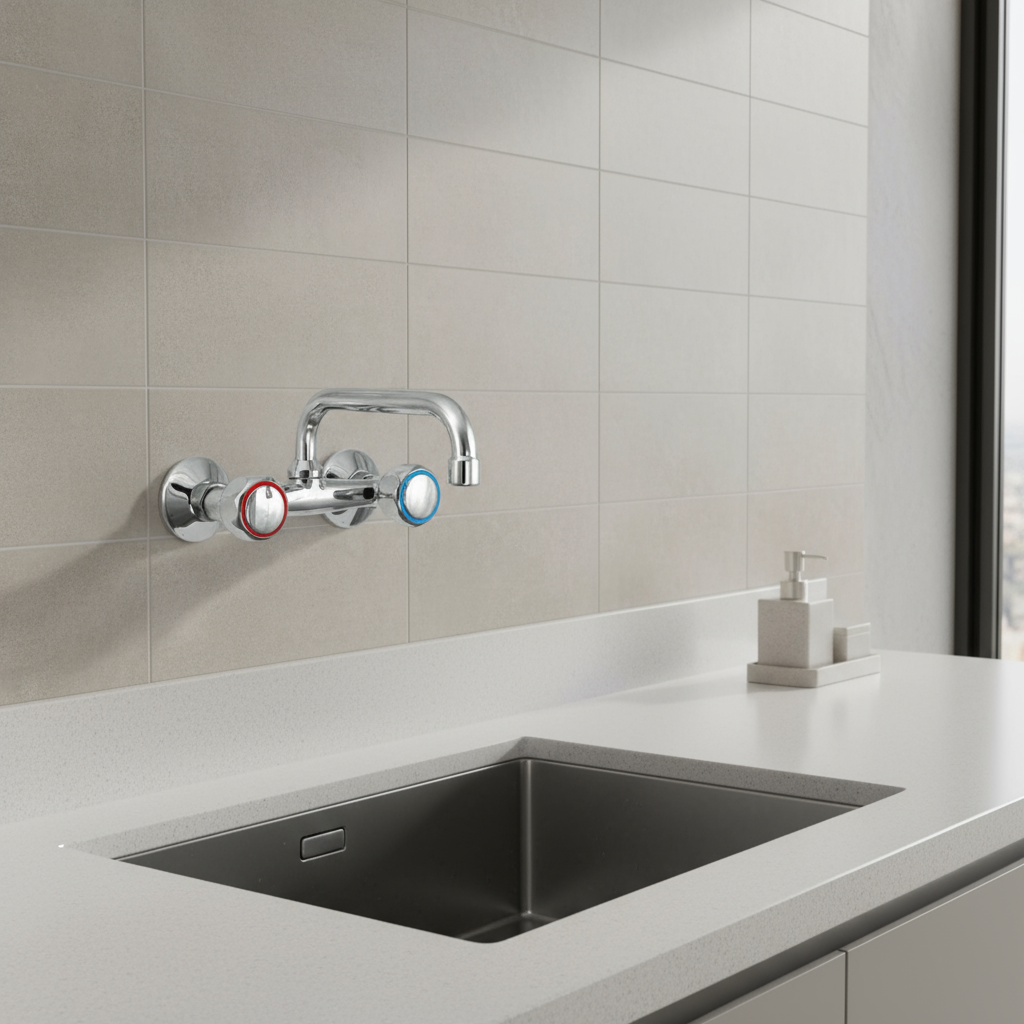 Gruppo lavello a muro con canna superiore Rubiflux modello Aries - Cromo