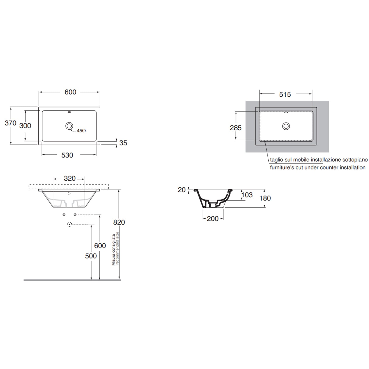 Lavabo sottopiano Azzurra Built-in Dual 60x37 cm con foro troppopieno - Bianco lucido by CeramicStore | Lo specialista del tuo bagno