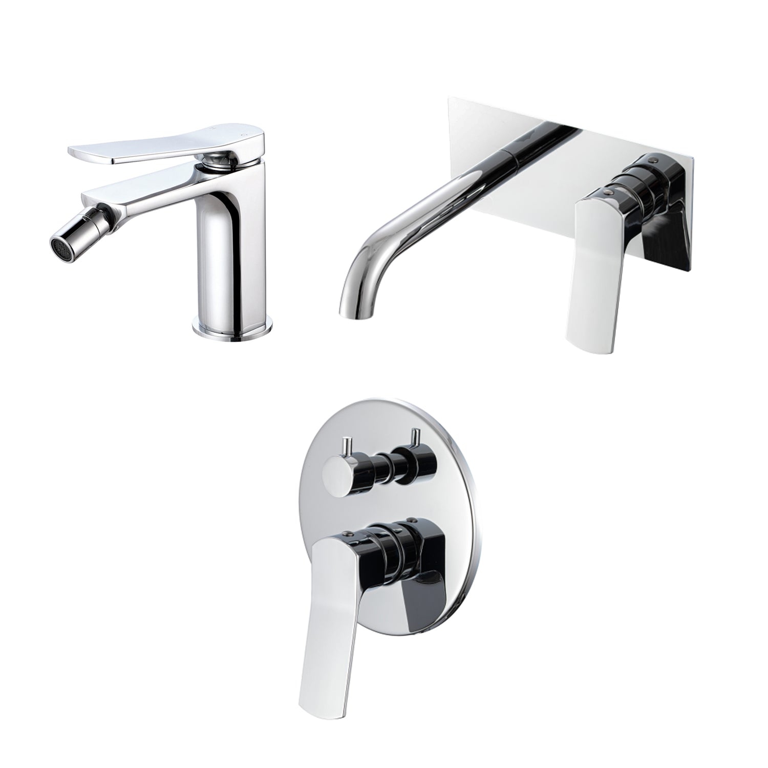 Composizione di miscelatori per lavabo incasso con easy box, bidet e doccia due vie tondo in ottone cromato Lumix by CeramicStore | Lo specialista del tuo bagno