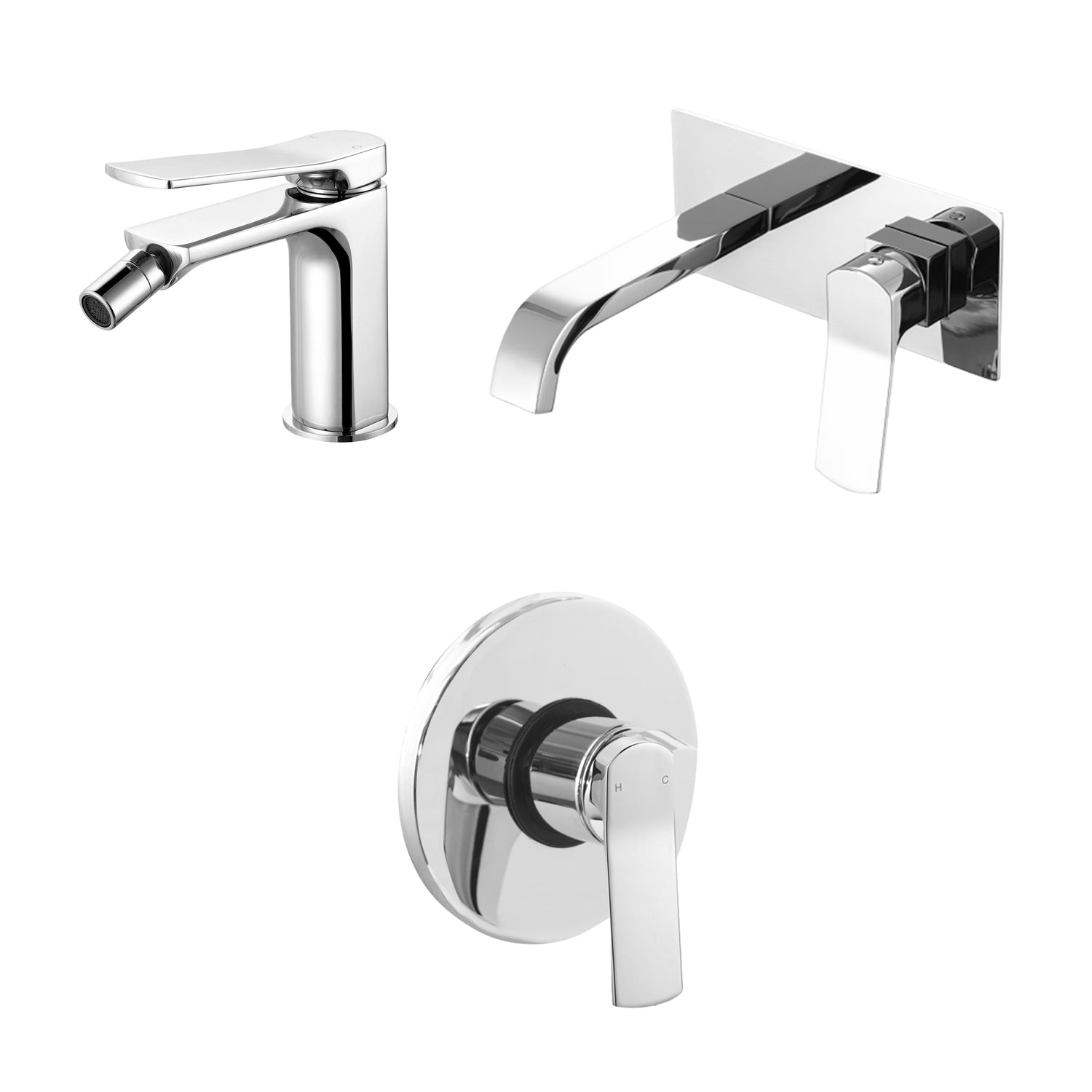 Composizione di miscelatori per lavabo incasso easy box squadrato, bidet e doccia a una via Lumix in ottone cromato by CeramicStore | Lo specialista del tuo bagno