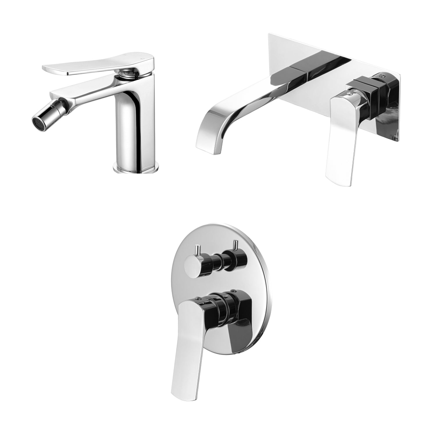 Composizione di miscelatori per lavabo incasso con easy box squadrato, bidet e doccia due vie tondo in ottone cromato Lumix by CeramicStore | Lo specialista del tuo bagno