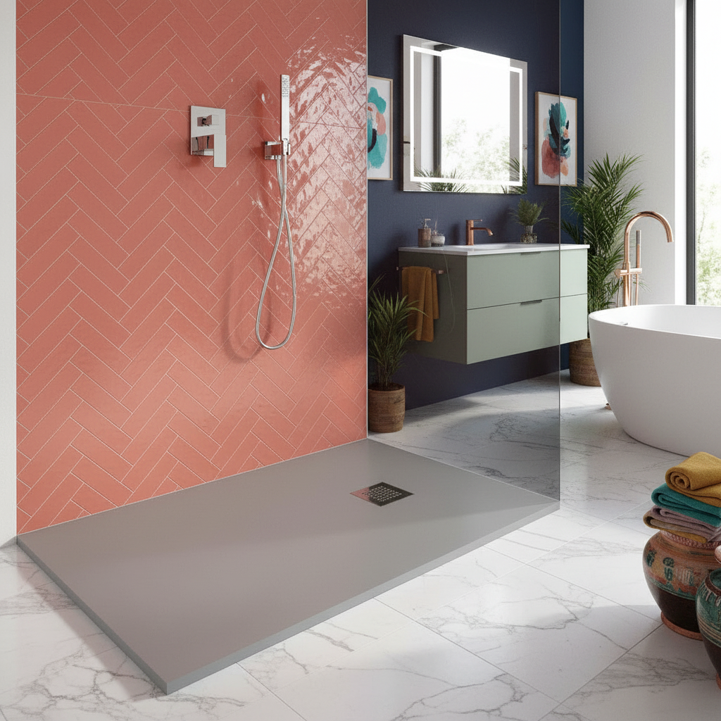 Piatto Doccia filopavimento 80x100 cemento in resina effetto pietra Emoji riducibile