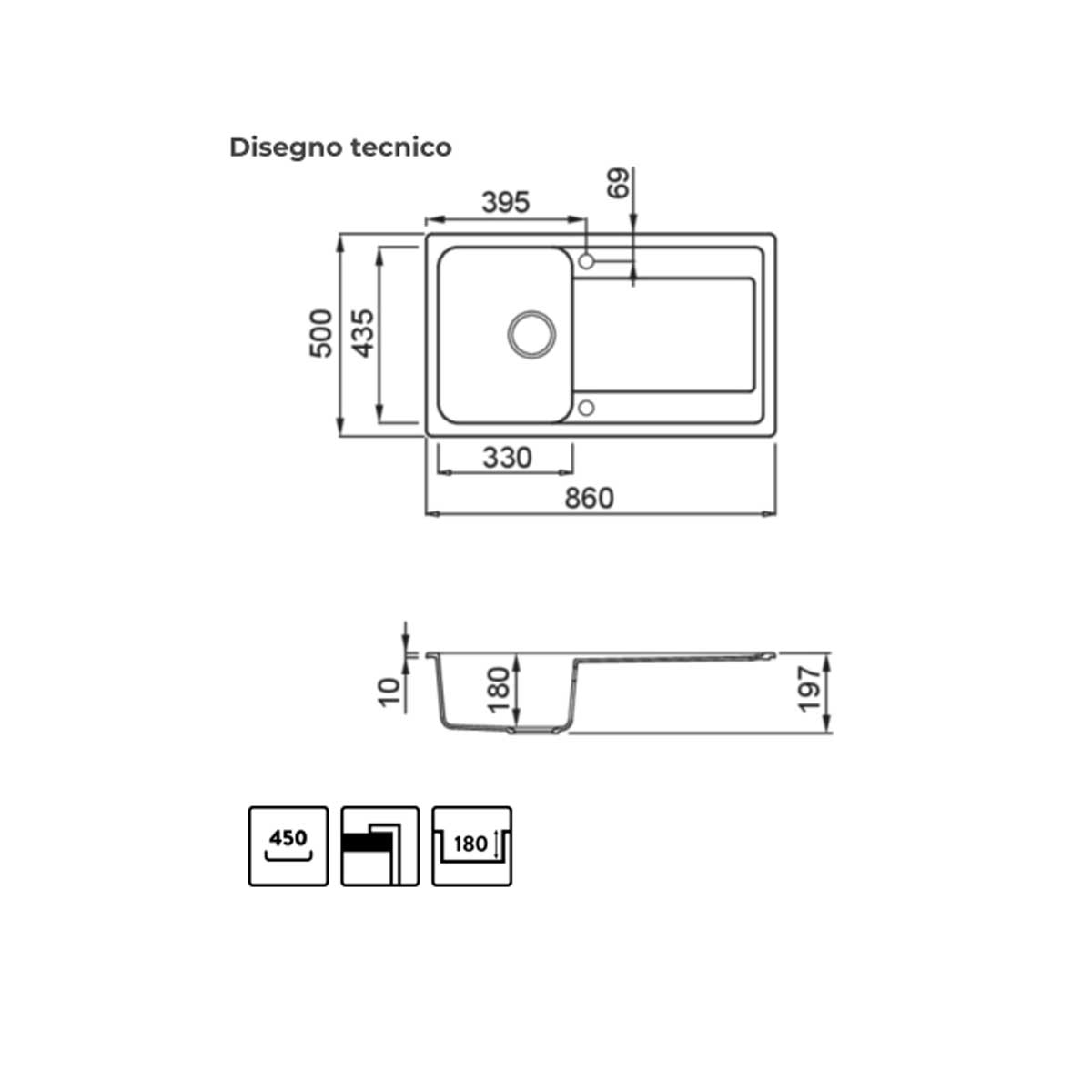 Lavello da Incasso Reversibile 86x50 a 1 Vasca con Gocciolatoio in GRANITEK colore Nero Trattamento Antibatterico LIFE 400 by CeramicStore | Lo specialista del tuo bagno