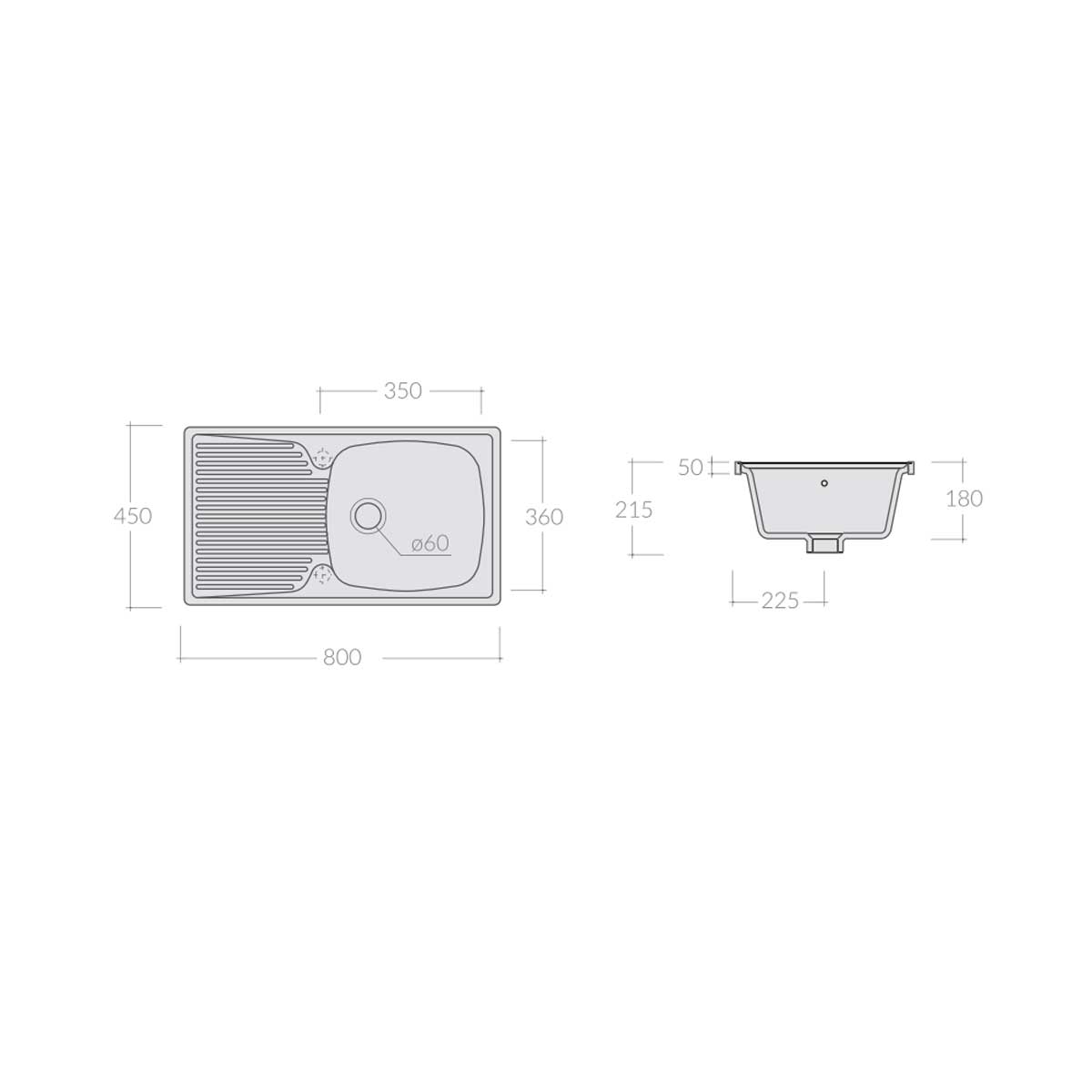 Lavello cucina 80x45 in Ceramica Bianca con una vasca e gocciolatoio reversibile