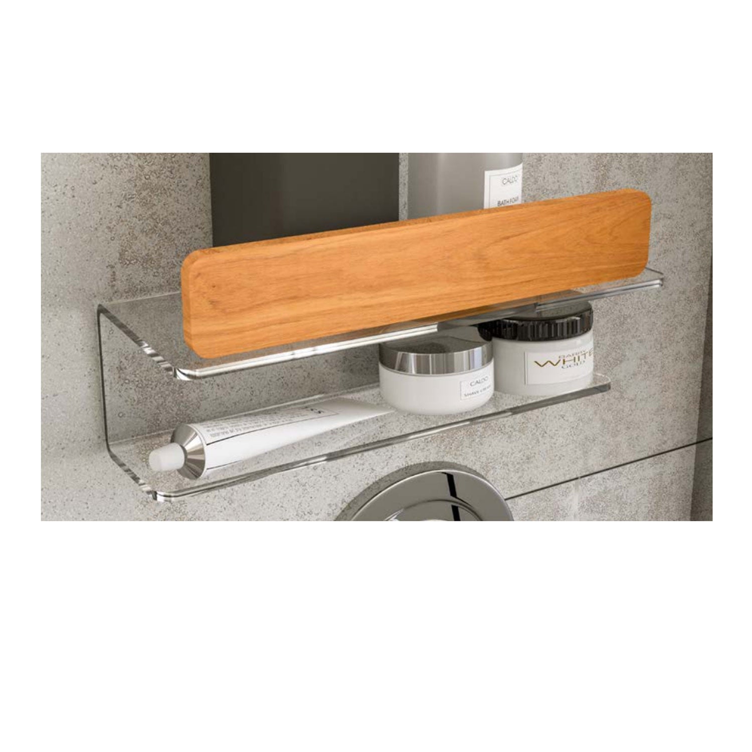 Mensola da bagno trasparente con dettaglio in Teak naturale serie Bright by Cipi 8,5x9x28cm by CeramicStore | Lo specialista del tuo bagno