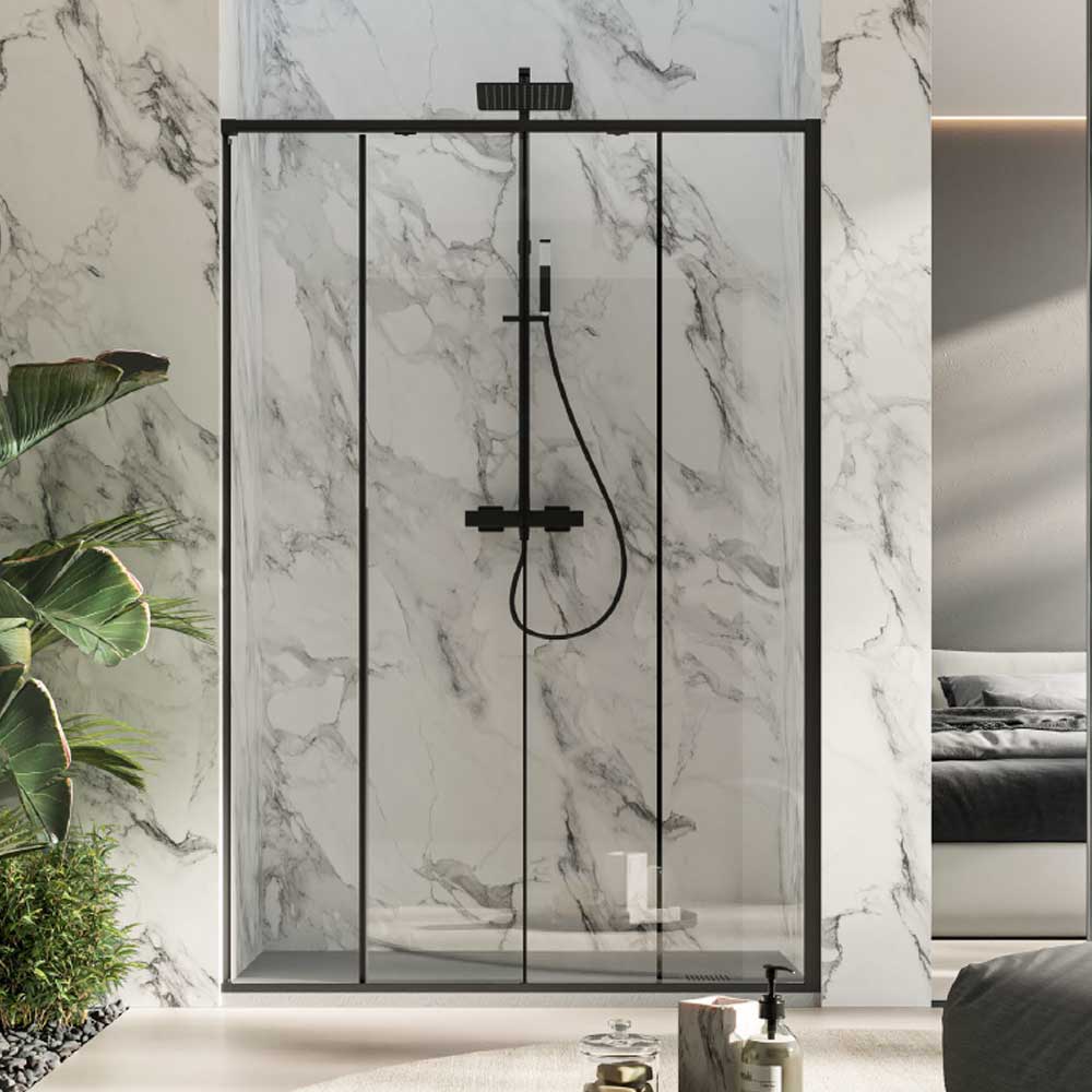 Porta doccia scorrevole Prestige cm 136 in cristallo da 6 mm e profilo minimale in alluminio colore Nero Opaco. Versione Destra by CeramicStore | Lo specialista del tuo bagno