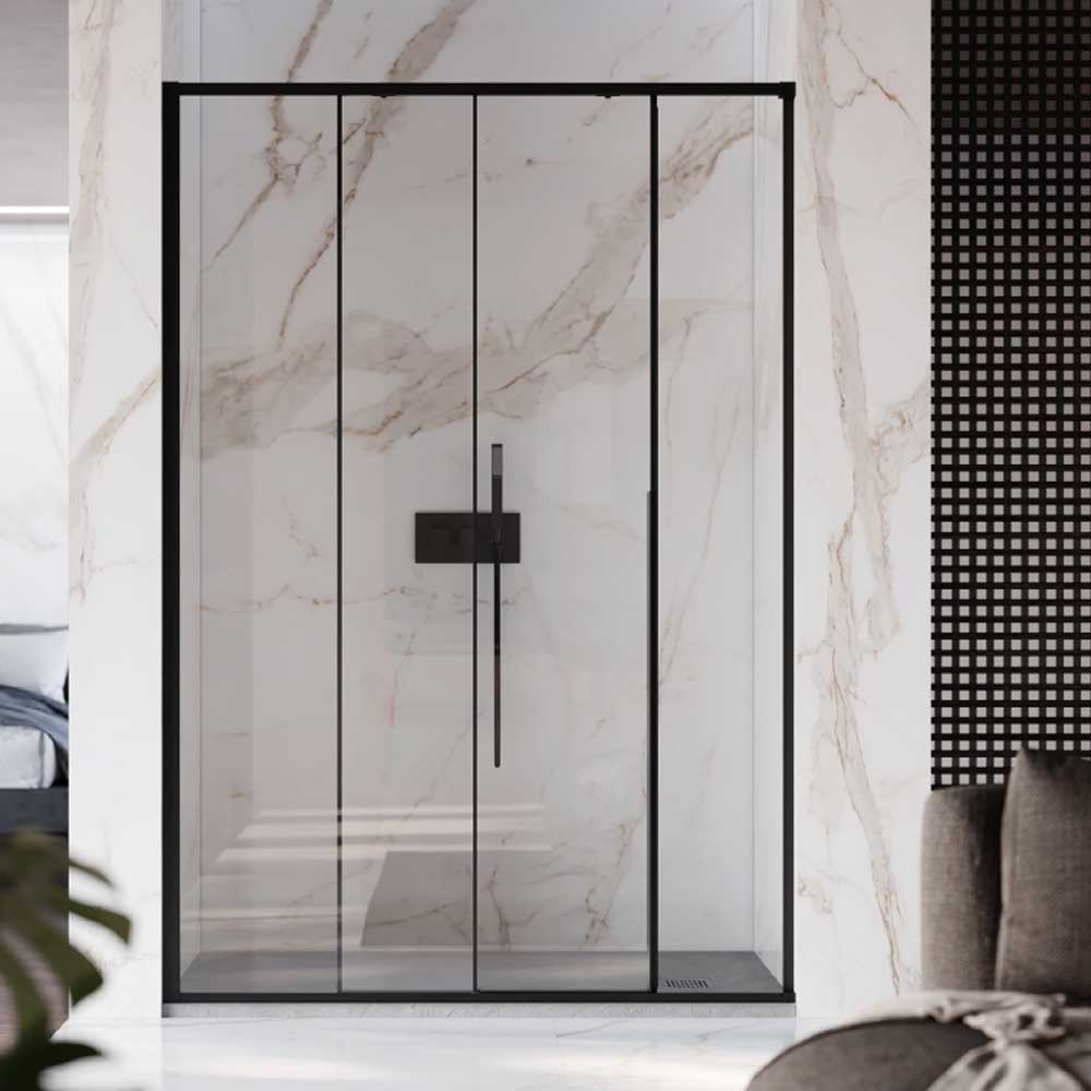 Porta doccia scorrevole Prestige cm 110 in cristallo da 6 mm e profilo minimale in alluminio colore Nero Opaco. Versione Sinistra by CeramicStore | Lo specialista del tuo bagno