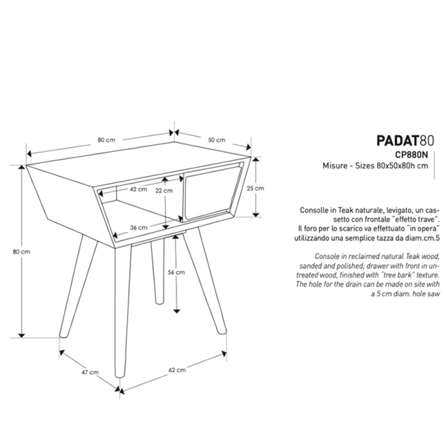 Mobile da bagno in teak CIPI PADAT80 da cm 80 con cassetto by CeramicStore | Lo specialista del tuo bagno