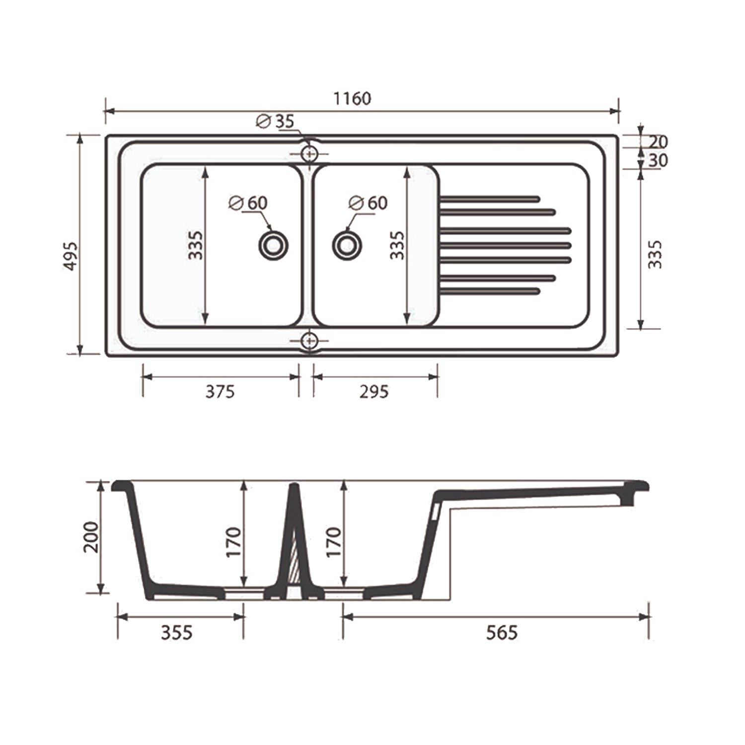 Lavello da incasso bianco in ceramica con 2 vasche 116x50 cm by CeramicStore | Lo specialista del tuo bagno