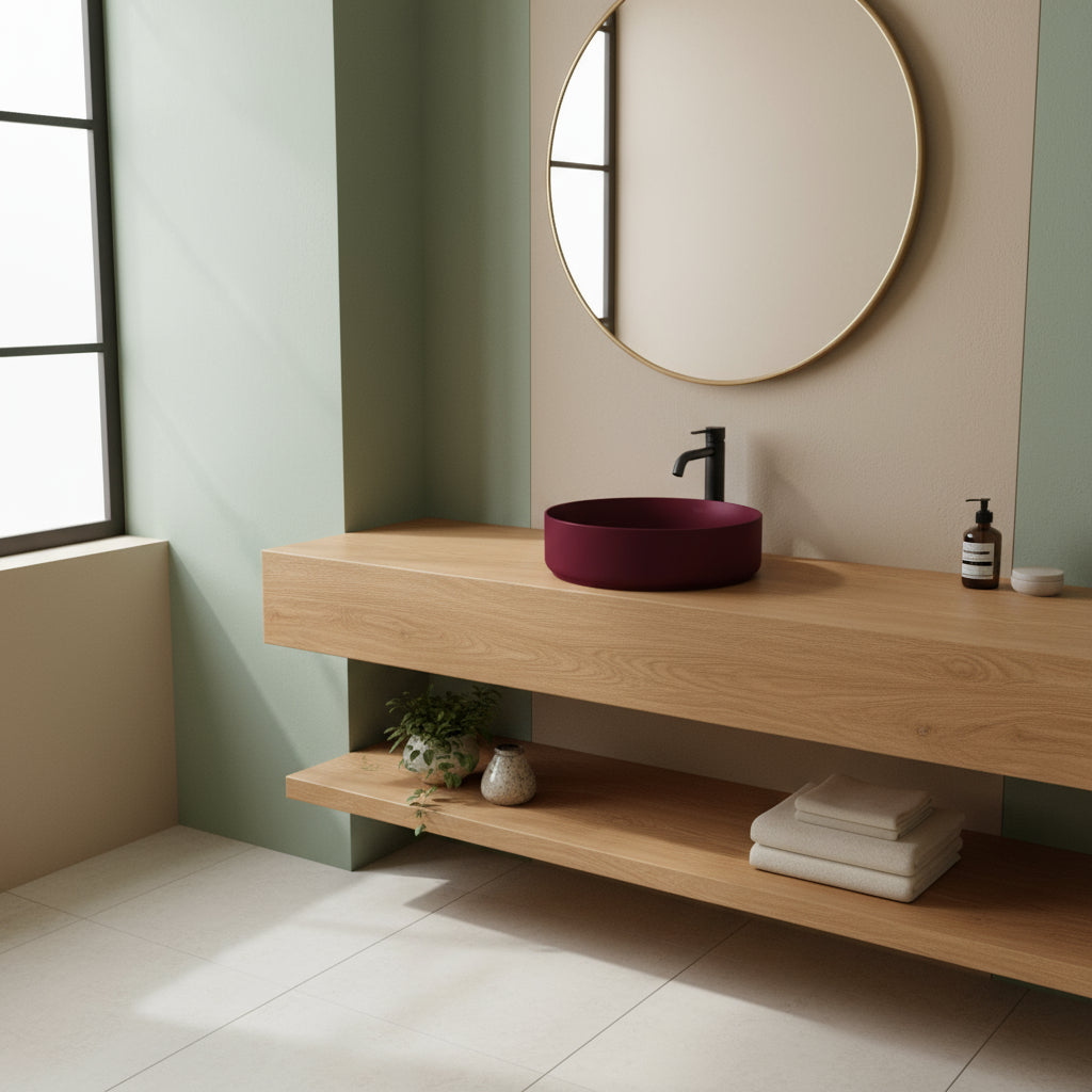 Lavabo da appoggio tondo senza foro BathCore serie Infinity 36 cm Bordeaux Opaco - Scelta Commerciale