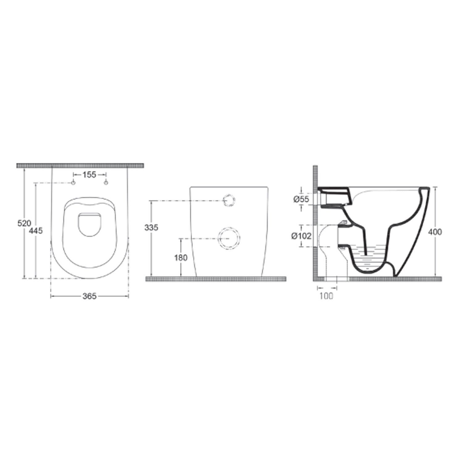 Sanitari Filomuro Rimless con copriwater Soft Close BathCore serie Infinity 53x36