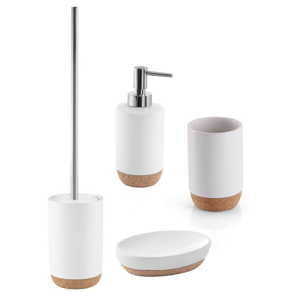 Set Accessori Bagno Gedy collezione Ilary in ceramica bianca e sughero